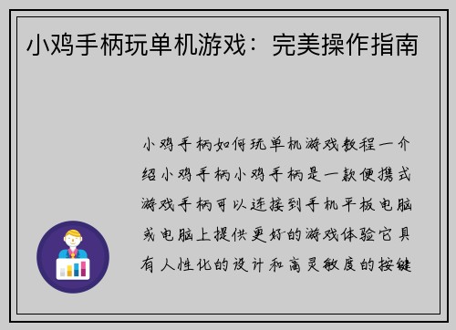 小鸡手柄玩单机游戏：完美操作指南